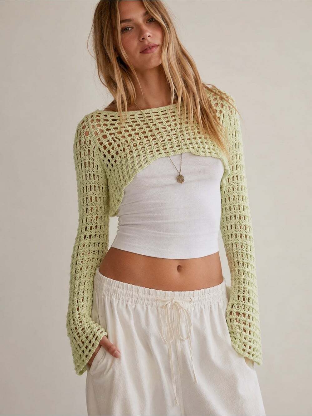 Free People Open Knit Crochet Cropped Bolero Shrug Sweater